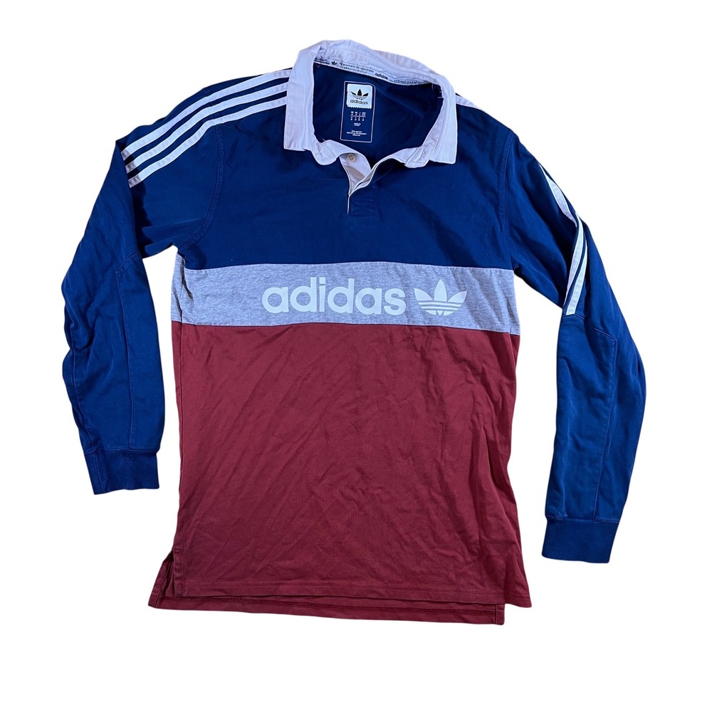 Adidas Rugby Shirt‎ Mens Medium Blue Red Grey Long Sleeve Trefoil Logo BK7997